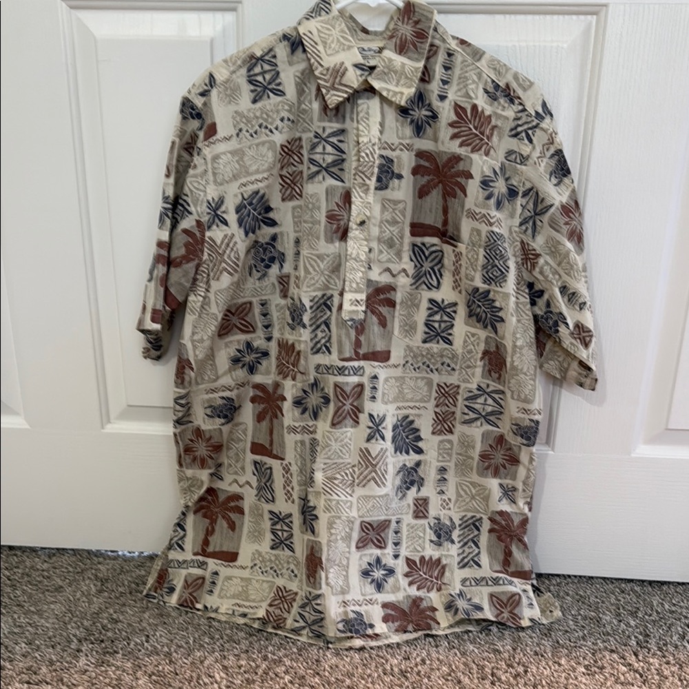 Casual Cream and Red Button Down Shirt with Vintage Print